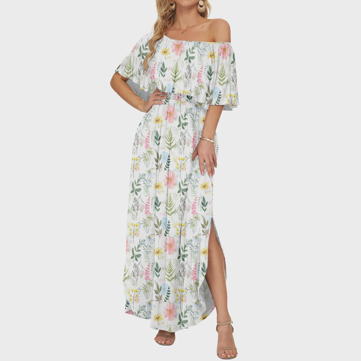 Off the shoulder side slit long dress
