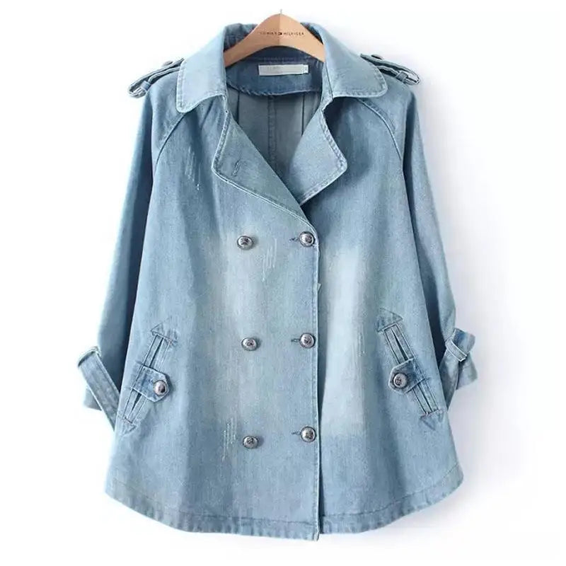 Double-Breasted Denim Cape Coat, Trench-Inspired