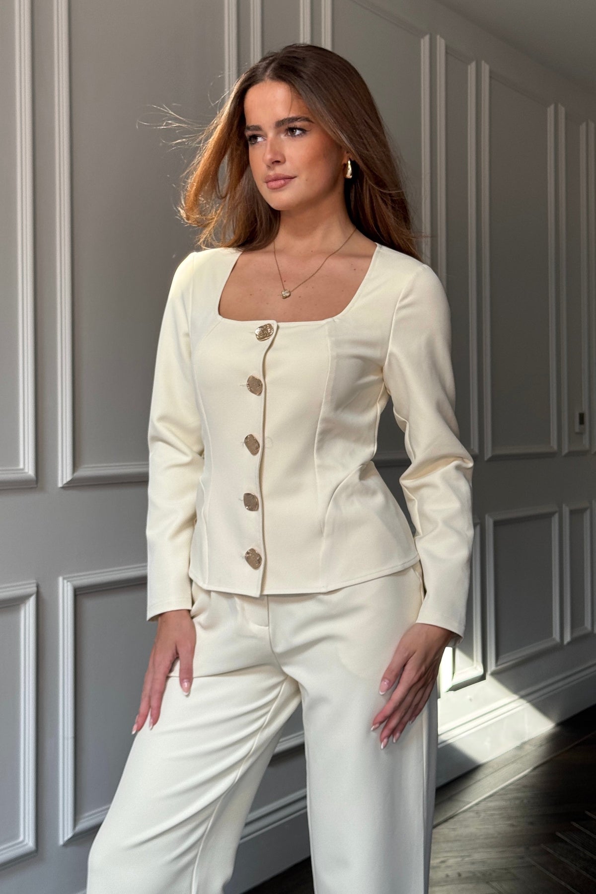 Archer Square Neck Long Sleeve Jacket Cream