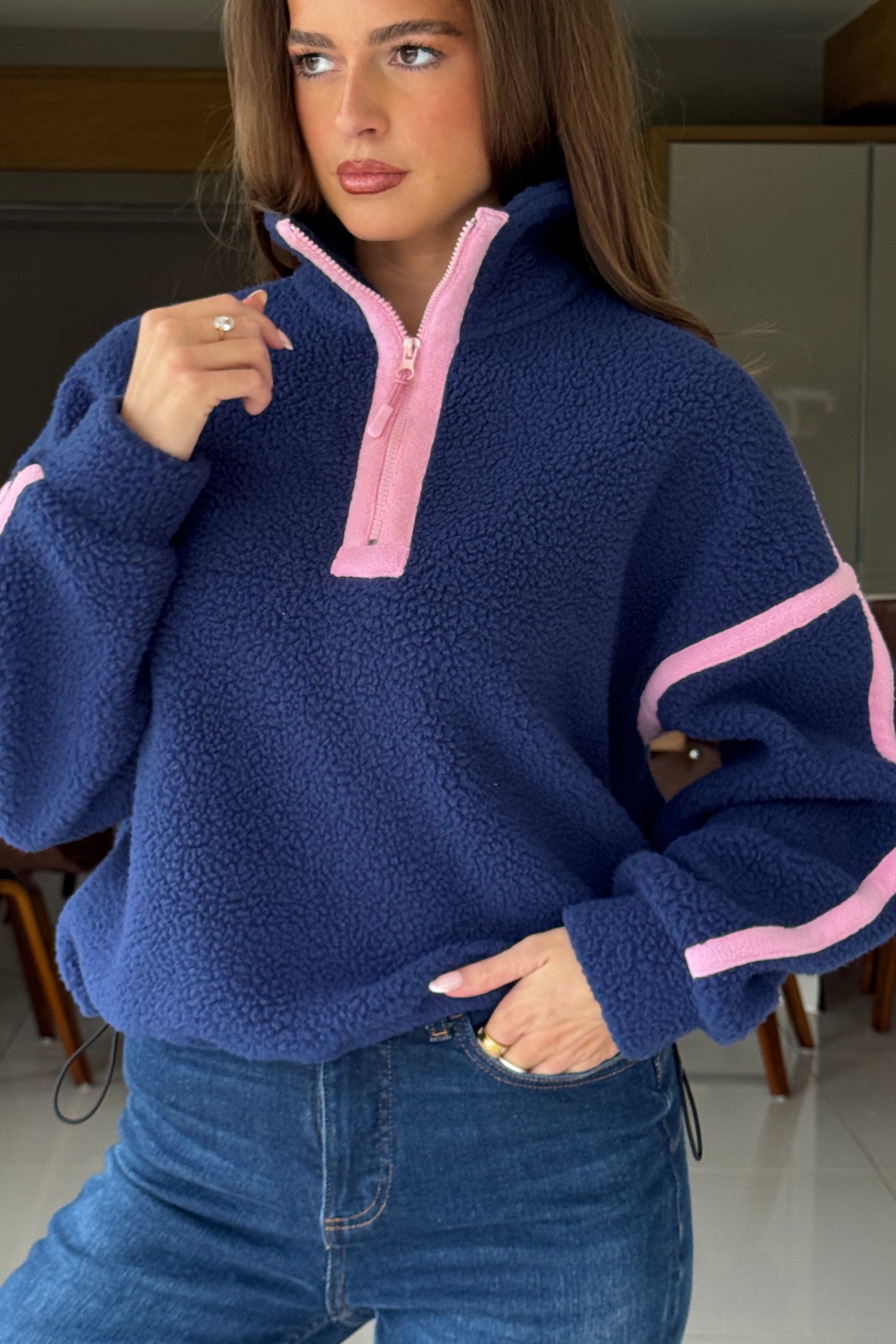 Lulu Contrast Binding 1/4 Zip Fleece Navy