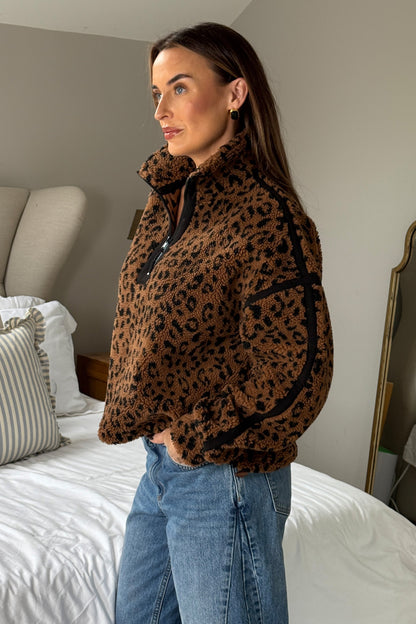 Lulu Contrast Binding 1/4 Zip Fleece Brown Animal