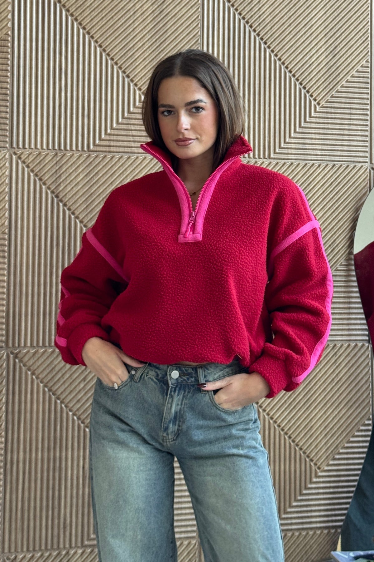 Lulu Contrast Binding 1/4  Zip Fleece Red