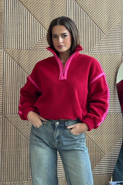 Lulu Contrast Binding 1/4  Zip Fleece Red