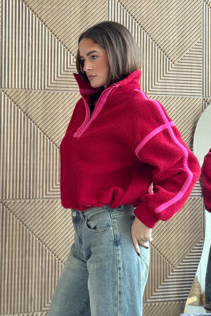 Lulu Contrast Binding 1/4  Zip Fleece Red