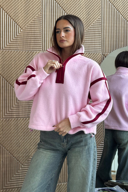 Lulu Contrast Binding 1/4  Zip Fleece Pink