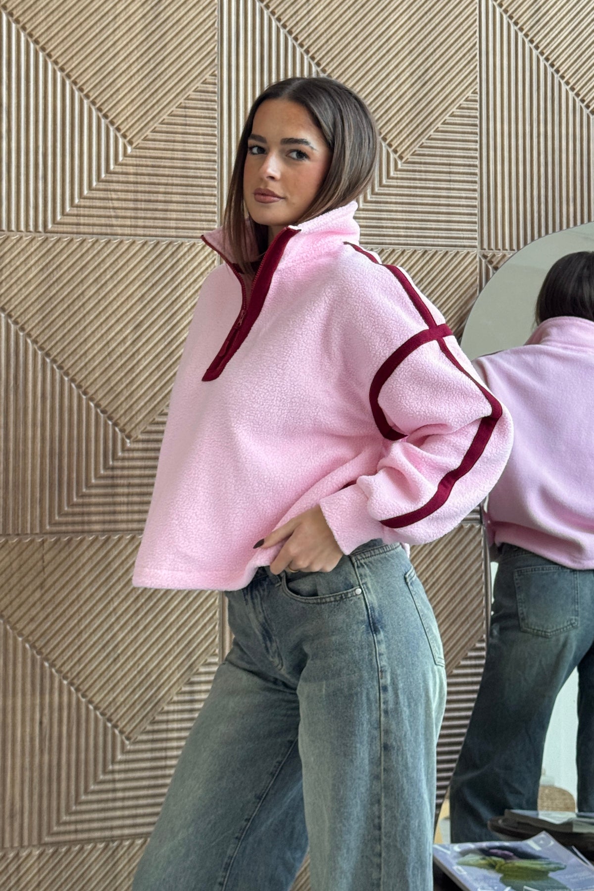 Lulu Contrast Binding 1/4  Zip Fleece Pink