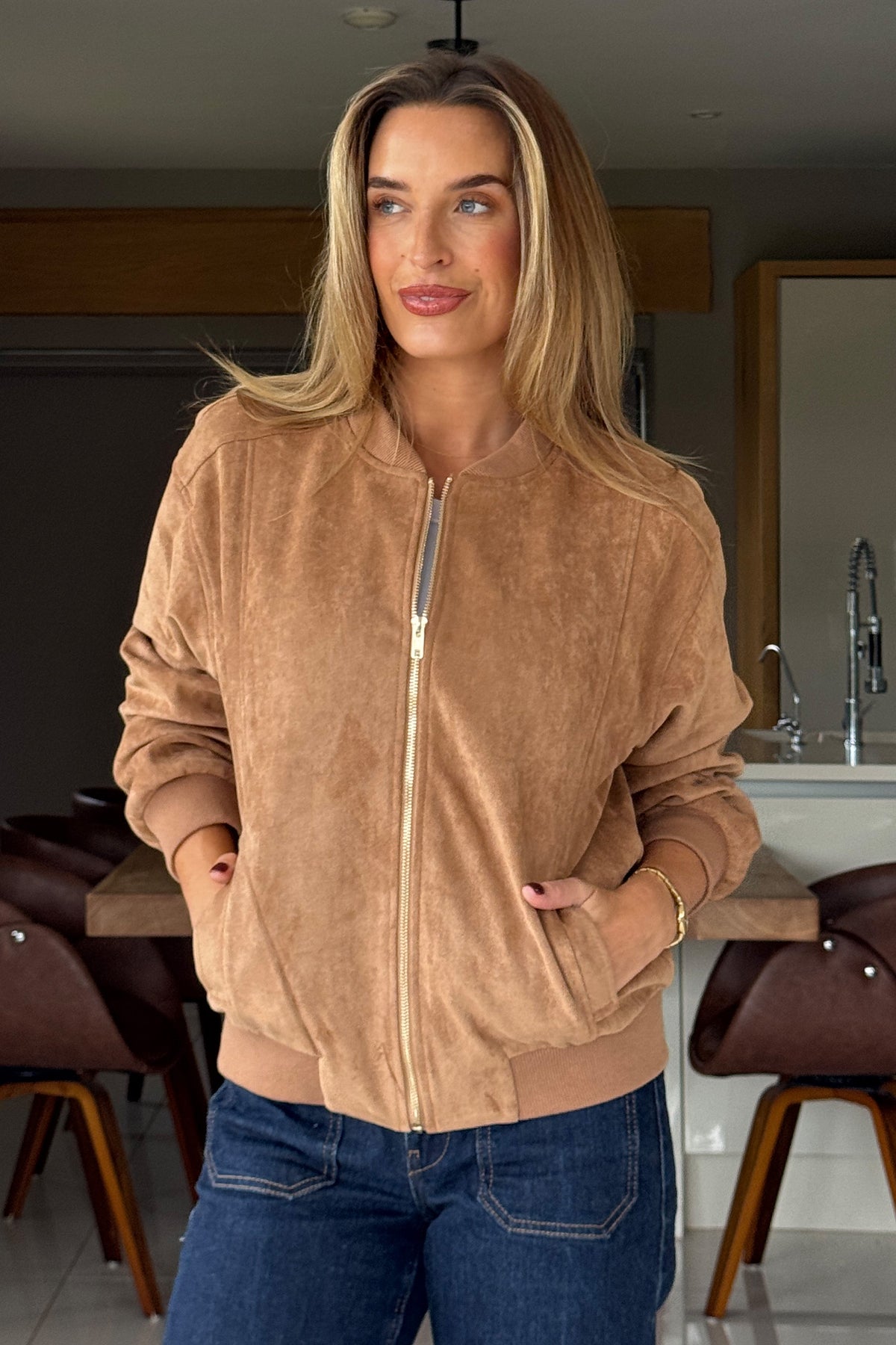Arwen Suedette Classic Bomber Jacket Stone