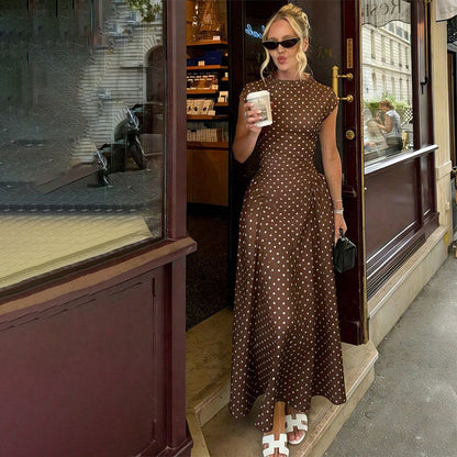 Elegant Polka-Dot Print Round-Neck Maxi Dress