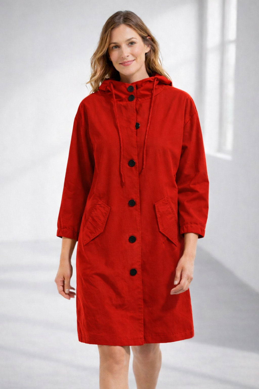 Mid-Length Hooded Jacket with Button Front and Shortened Sleeves