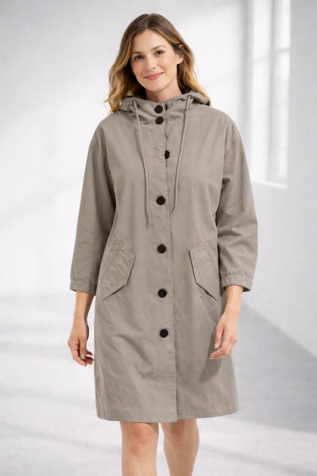 Mid-Length Hooded Jacket with Button Front and Shortened Sleeves
