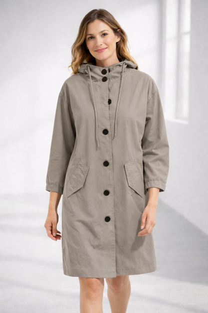 Mid-Length Hooded Jacket with Button Front and Shortened Sleeves