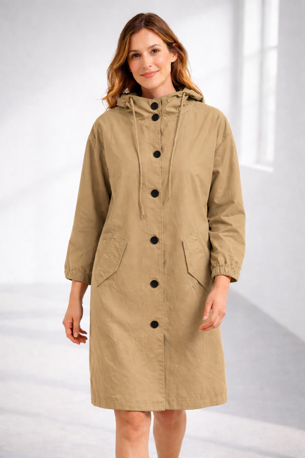 Mid-Length Hooded Jacket with Button Front and Shortened Sleeves