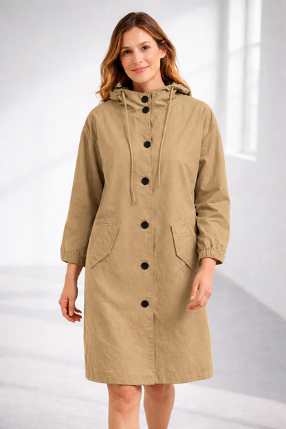 Mid-Length Hooded Jacket with Button Front and Shortened Sleeves