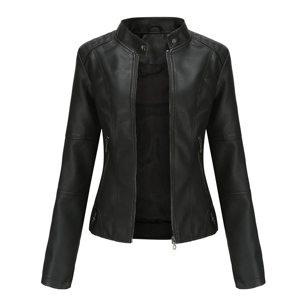 PU Leather Biker Jacket with Stand Collar