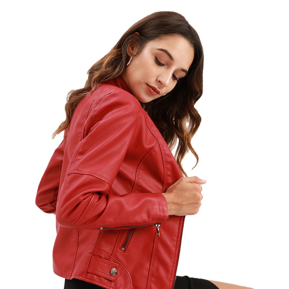 PU Leather Biker Jacket with Stand Collar