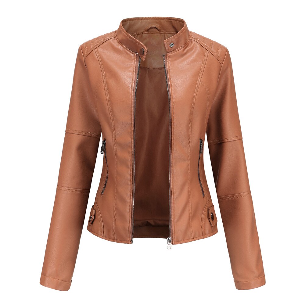 PU Leather Biker Jacket with Stand Collar