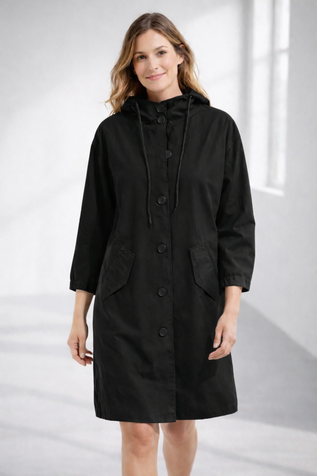 Mid-Length Hooded Jacket with Button Front and Shortened Sleeves