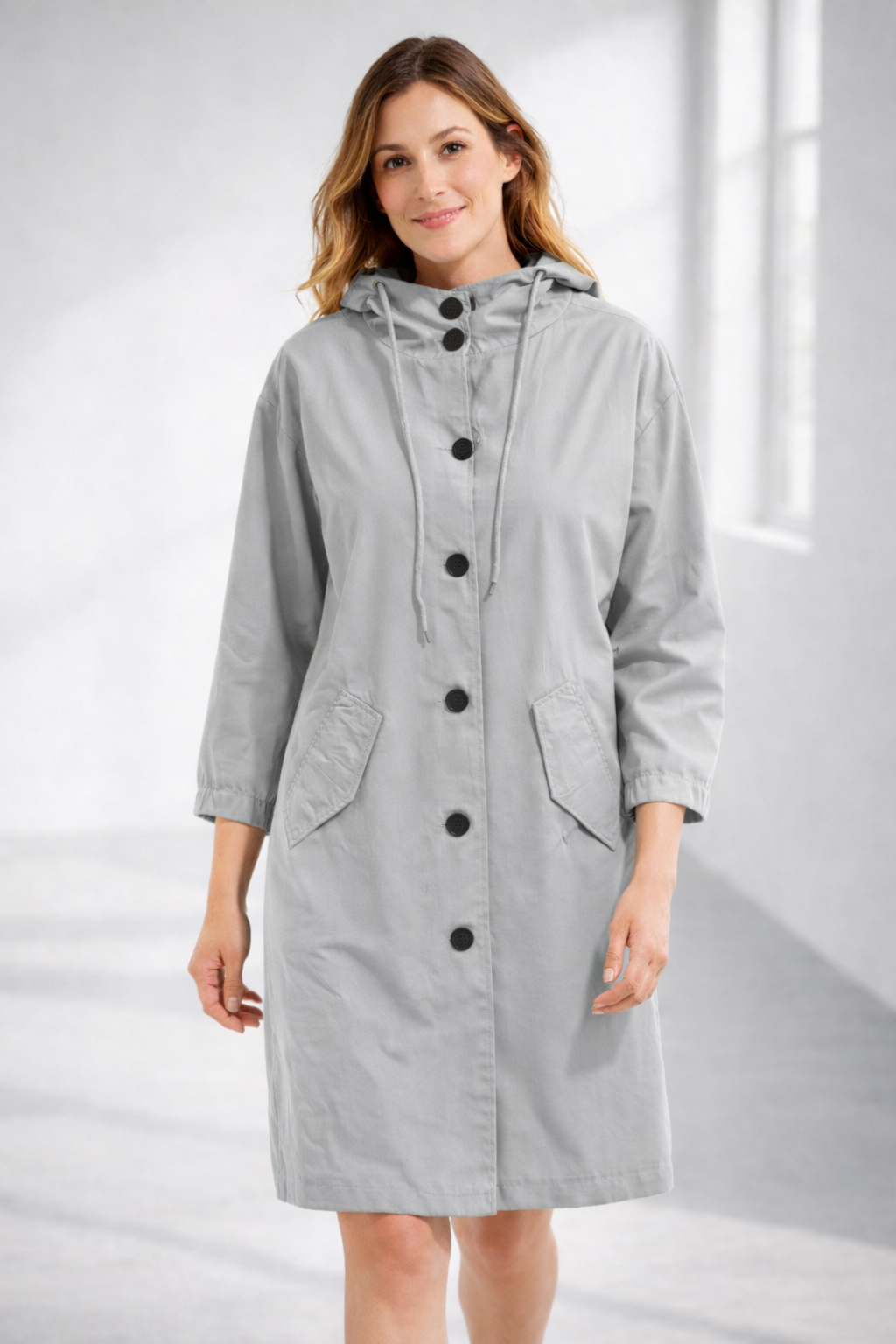 Mid-Length Hooded Jacket with Button Front and Shortened Sleeves