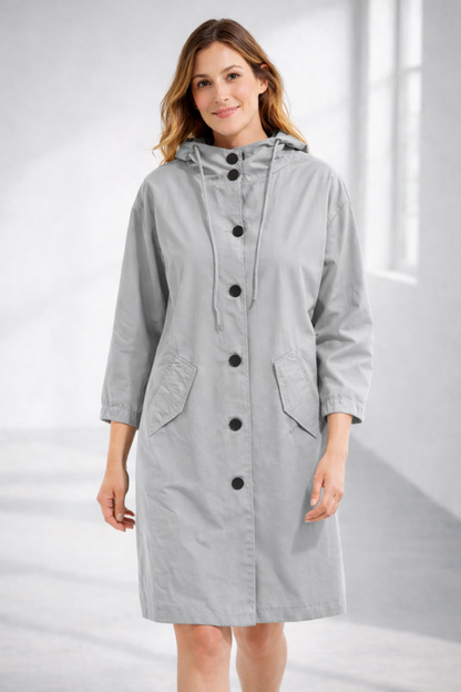 Mid-Length Hooded Jacket with Button Front and Shortened Sleeves