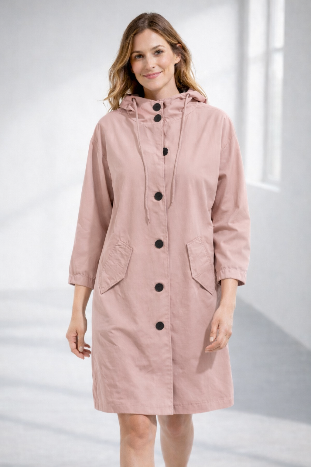 Mid-Length Hooded Jacket with Button Front and Shortened Sleeves