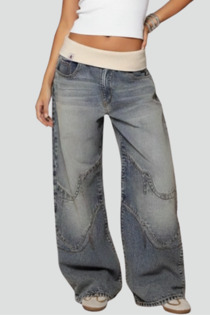 Light Blue Casual Baggy Wide-Leg Denim Trousers