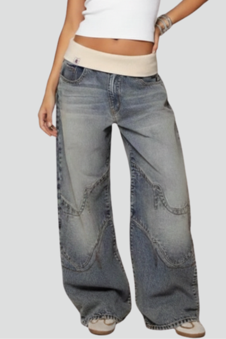 Light Blue Casual Baggy Wide-Leg Denim Trousers