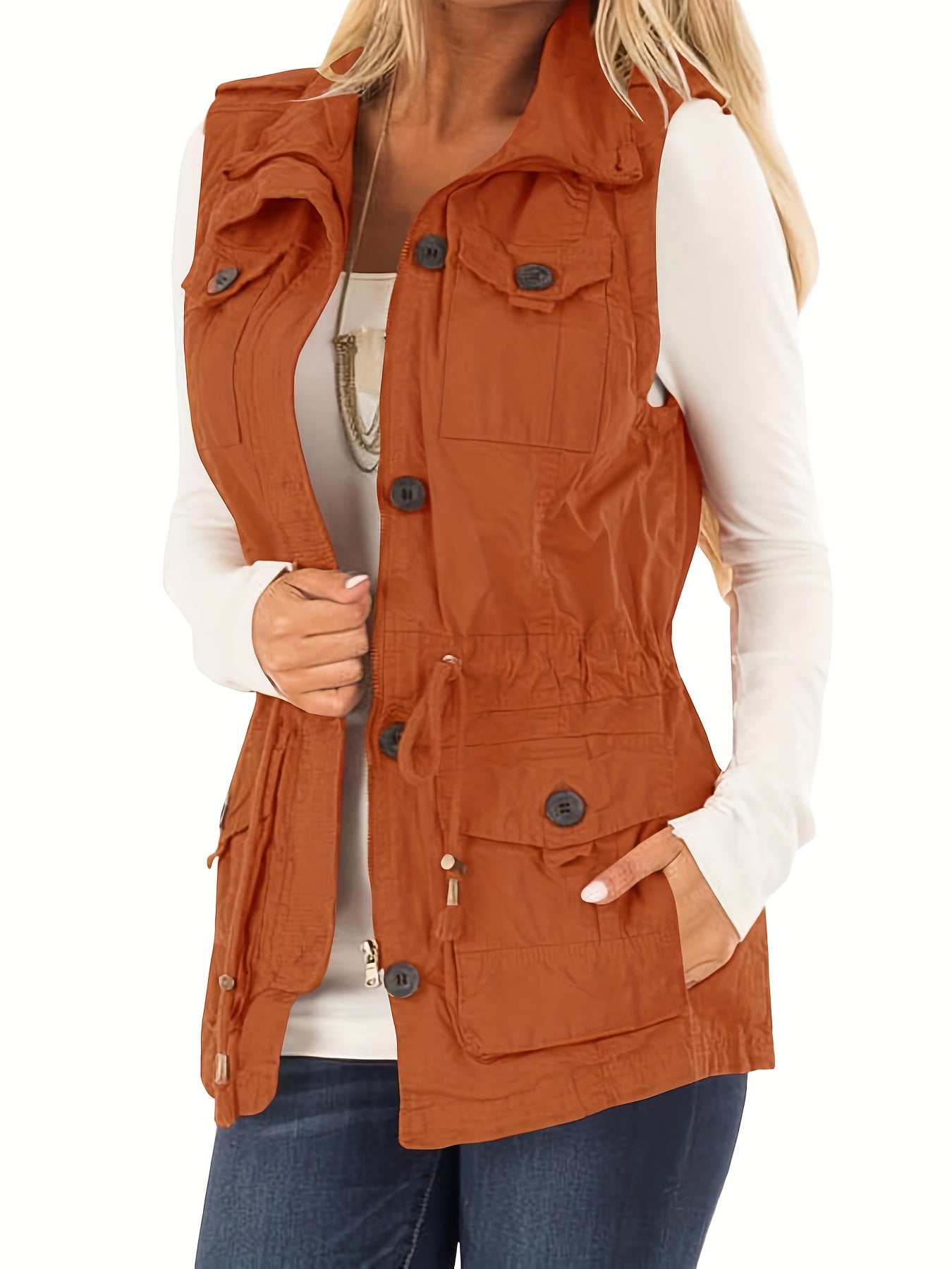 Sleeveless Drawstring Vest Jacket with Pockets