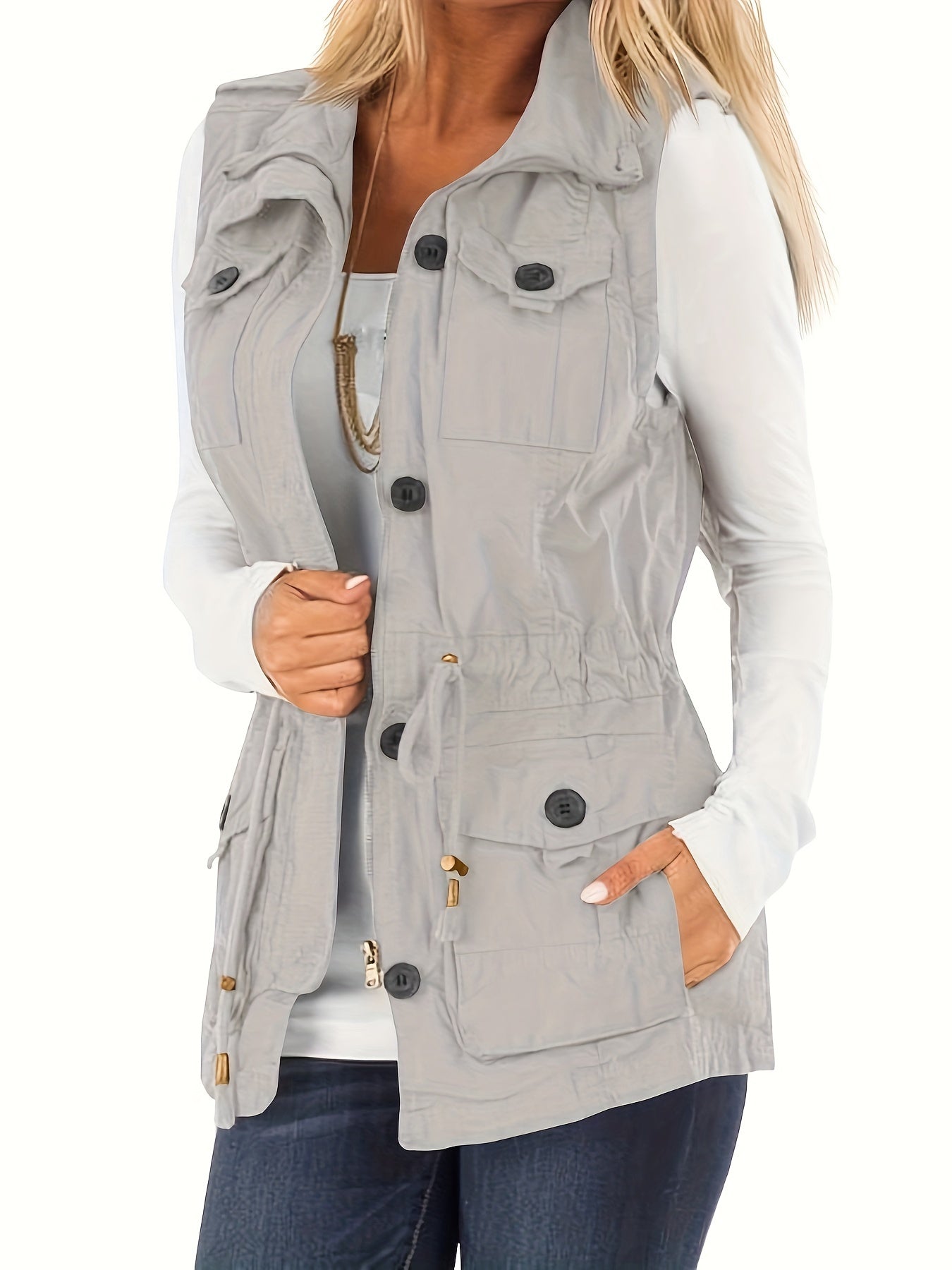 Sleeveless Drawstring Vest Jacket with Pockets