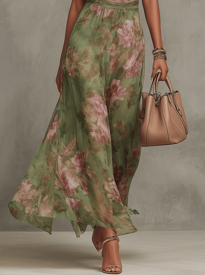 Green Floral Print Chiffon Halter Neck Maxi Dress