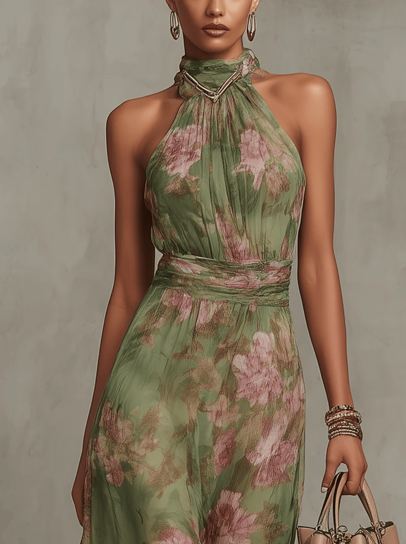 Green Floral Print Chiffon Halter Neck Maxi Dress