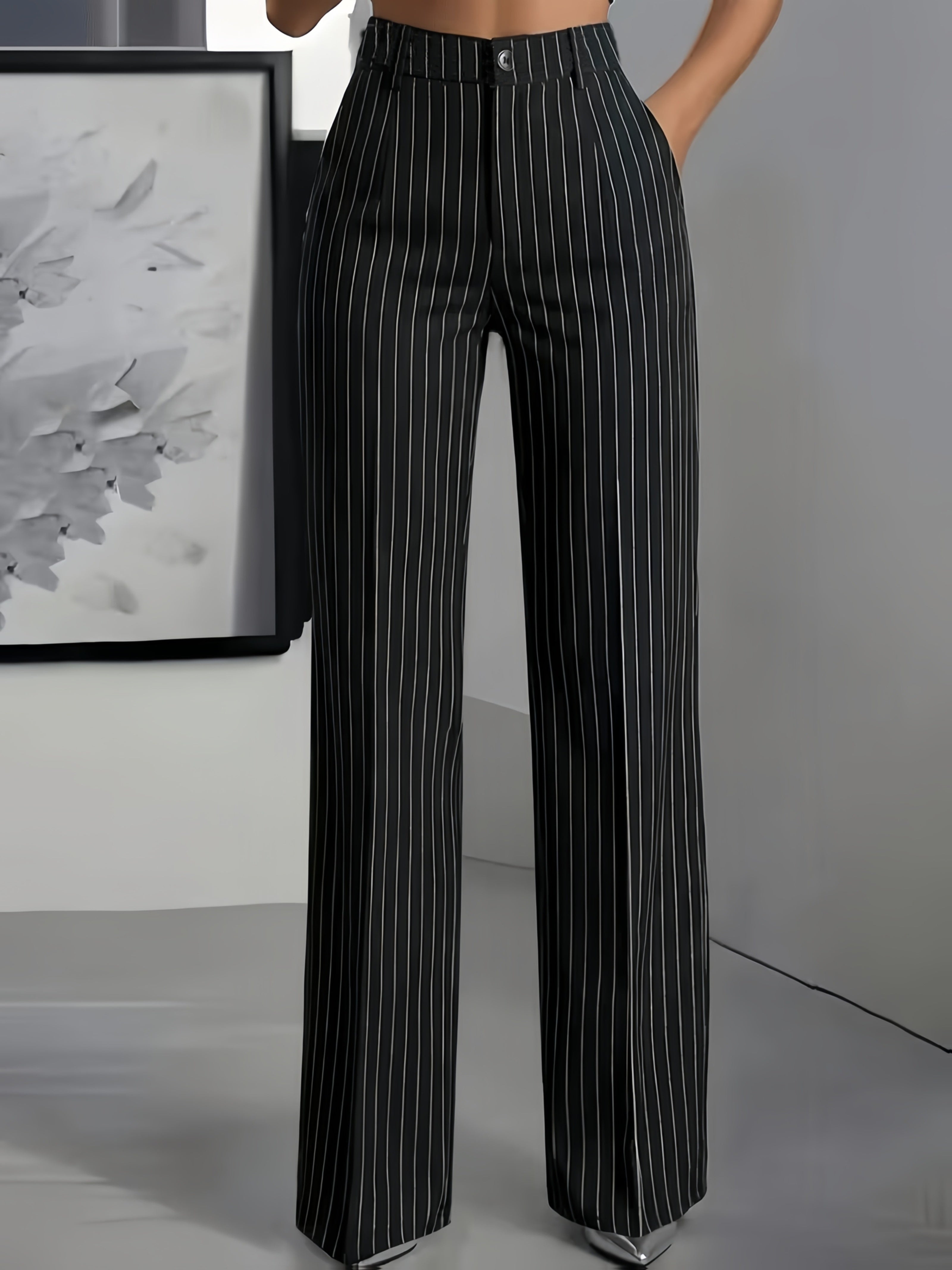 Striped Slim Fit Straight Leg Office Trousers