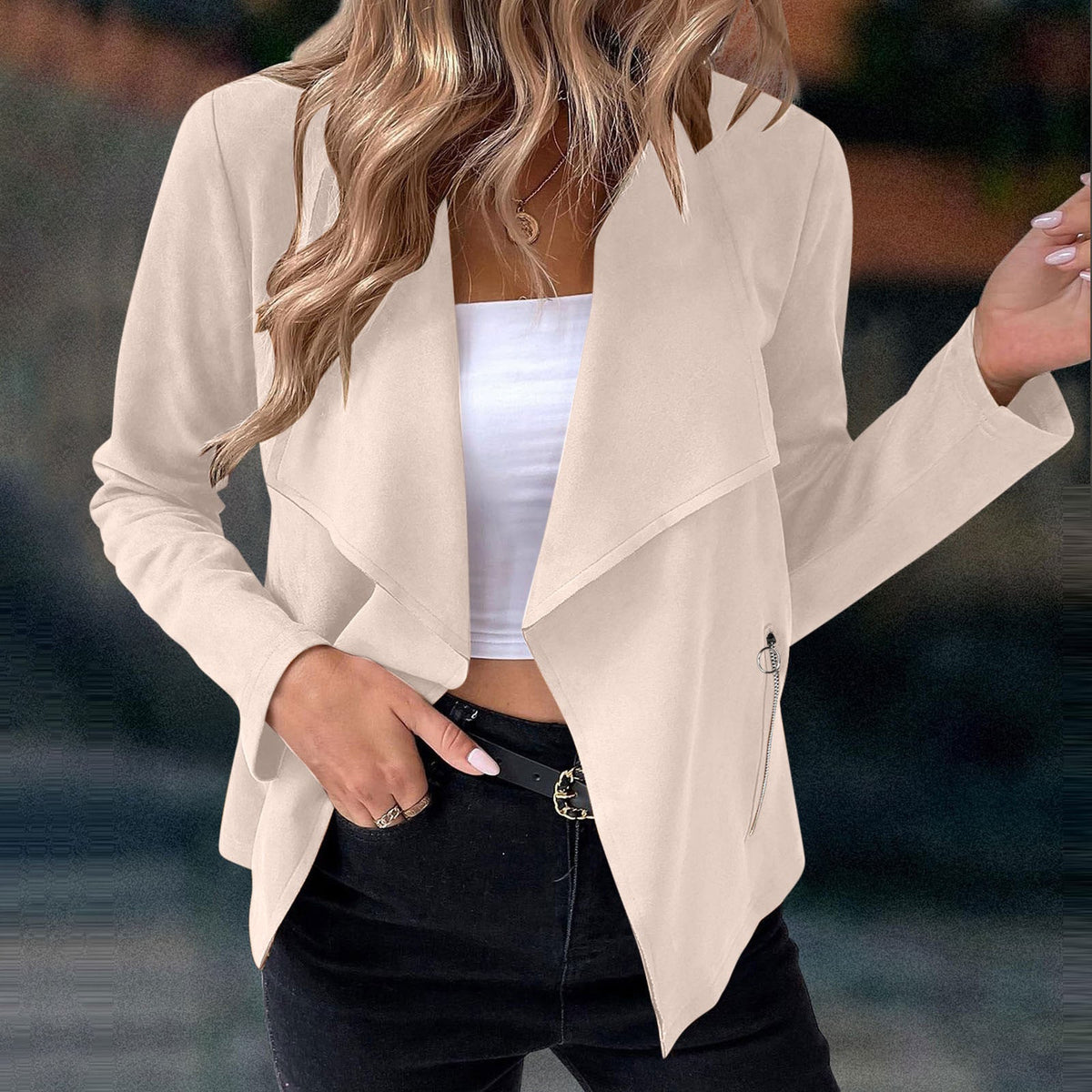 Draped Open Front Jacket with Waterfall Lapel and Cropped Fit