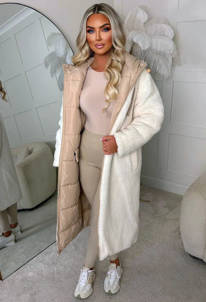 Double Trouble Beige Reversible Borg Padded Puffer Coat