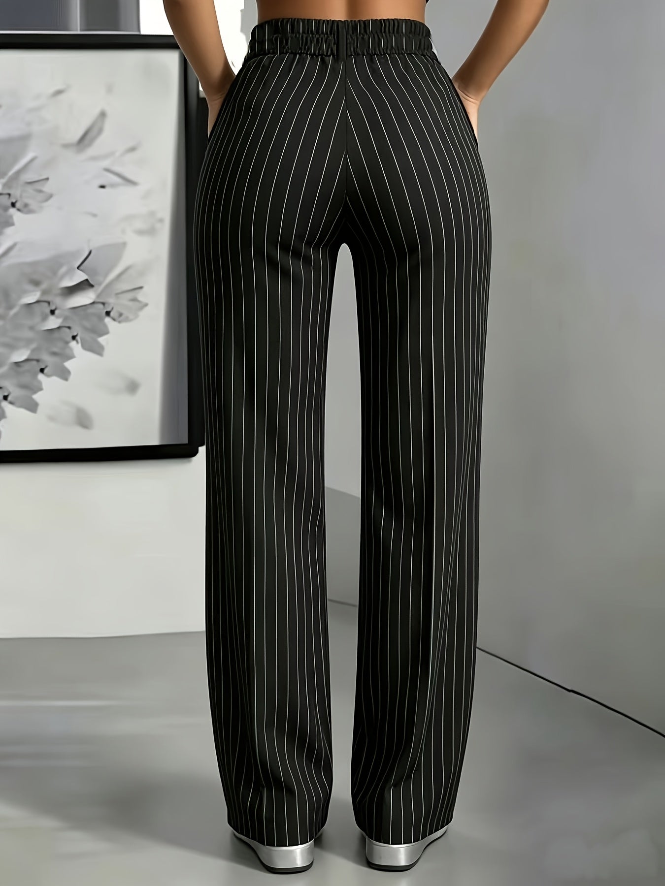 Striped Slim Fit Straight Leg Office Trousers