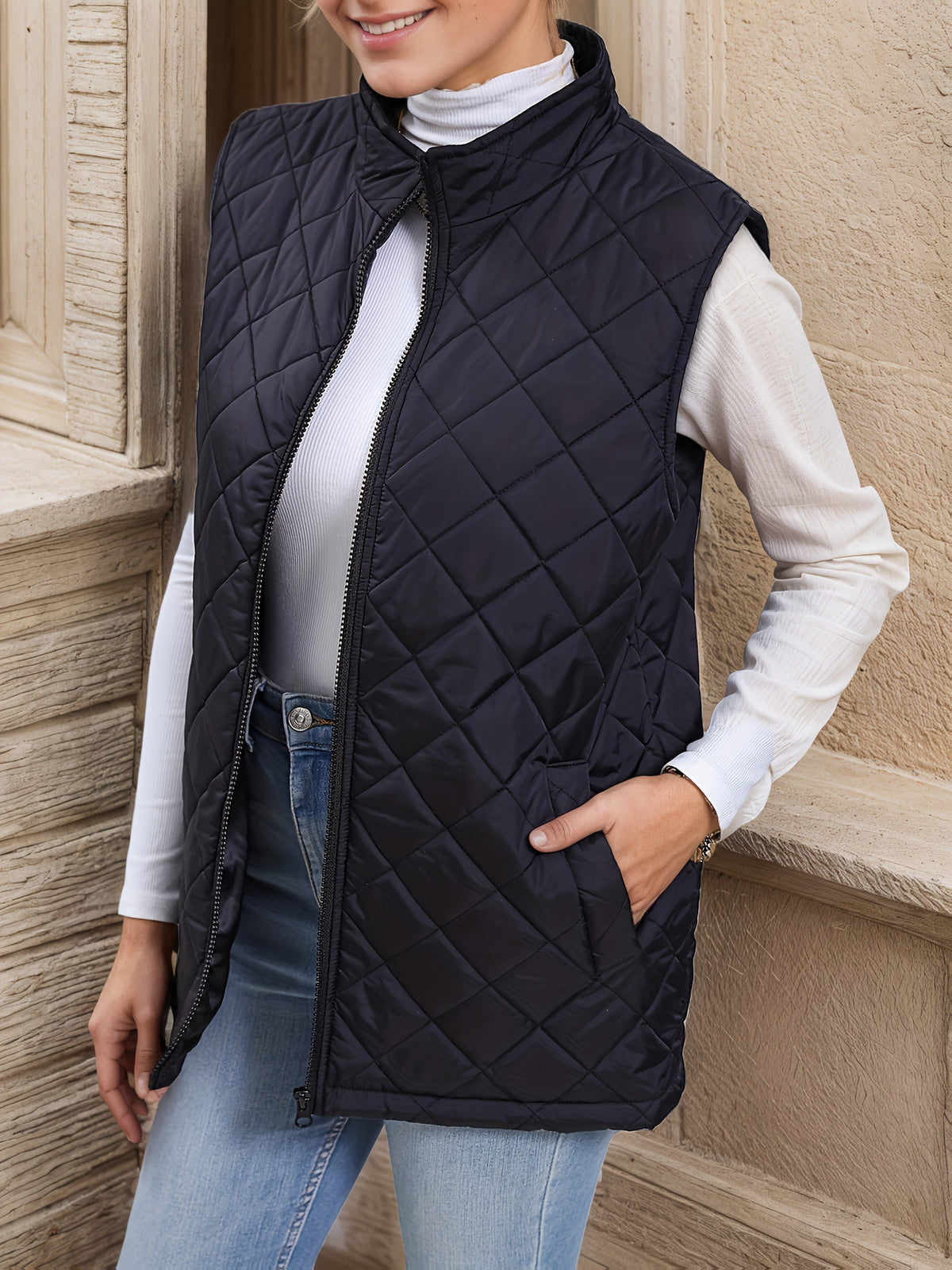 Diamond-Quilted Longline Sleeveless Jacket