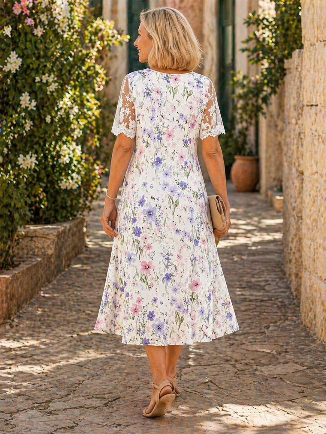 Edith | Lace Sleeve Floral Midi Dress