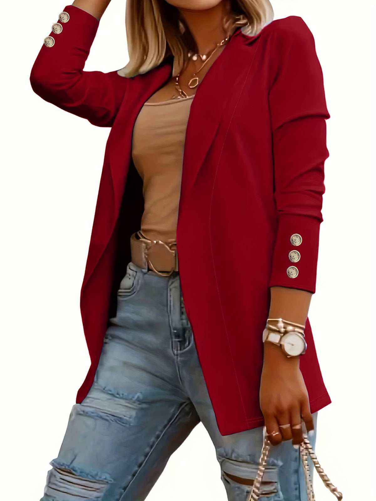 Mid-Length Lapel Coat with Decorative Button Cuffs
