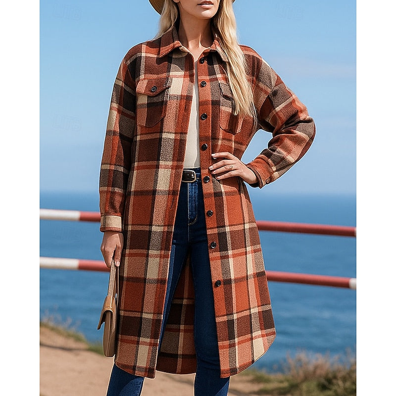 Longline Checked Coat with Relaxed Button-Front