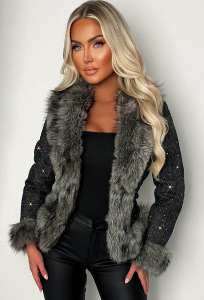 It's A Scandal Grey Denim & Faux Fur Belted Jacket