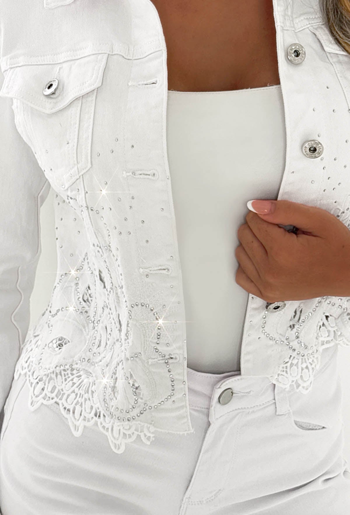 Lacey Days White Stretch Fitted Denim Jacket
