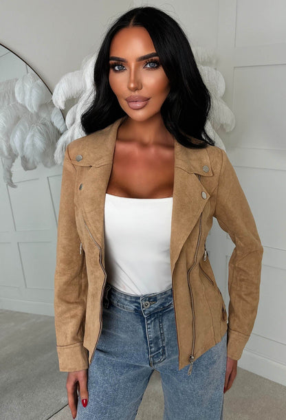 No Turning Back Beige Lightweight Faux Suede Biker Jacket