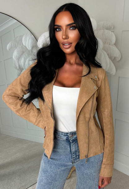 No Turning Back Beige Lightweight Faux Suede Biker Jacket