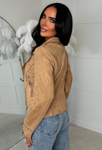 No Turning Back Beige Lightweight Faux Suede Biker Jacket