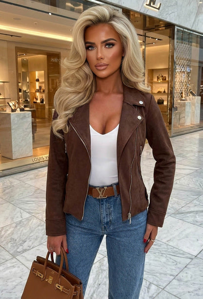 No Turning Back Chocolate Brown Lightweight Faux Suede Biker Jacket