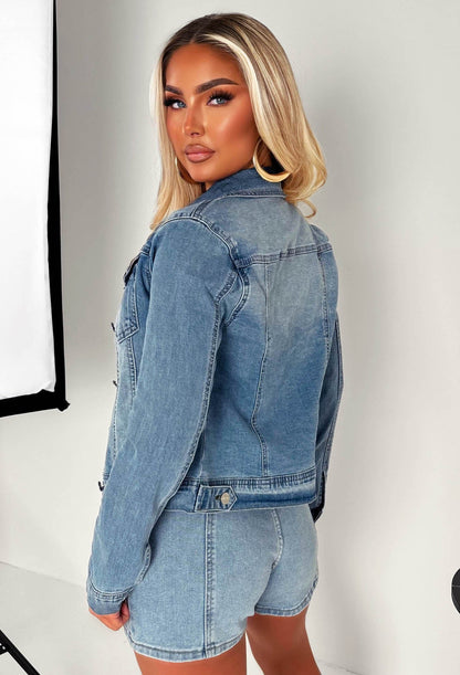 Not My Problem Light Blue Stretch Fitted Denim Jacket