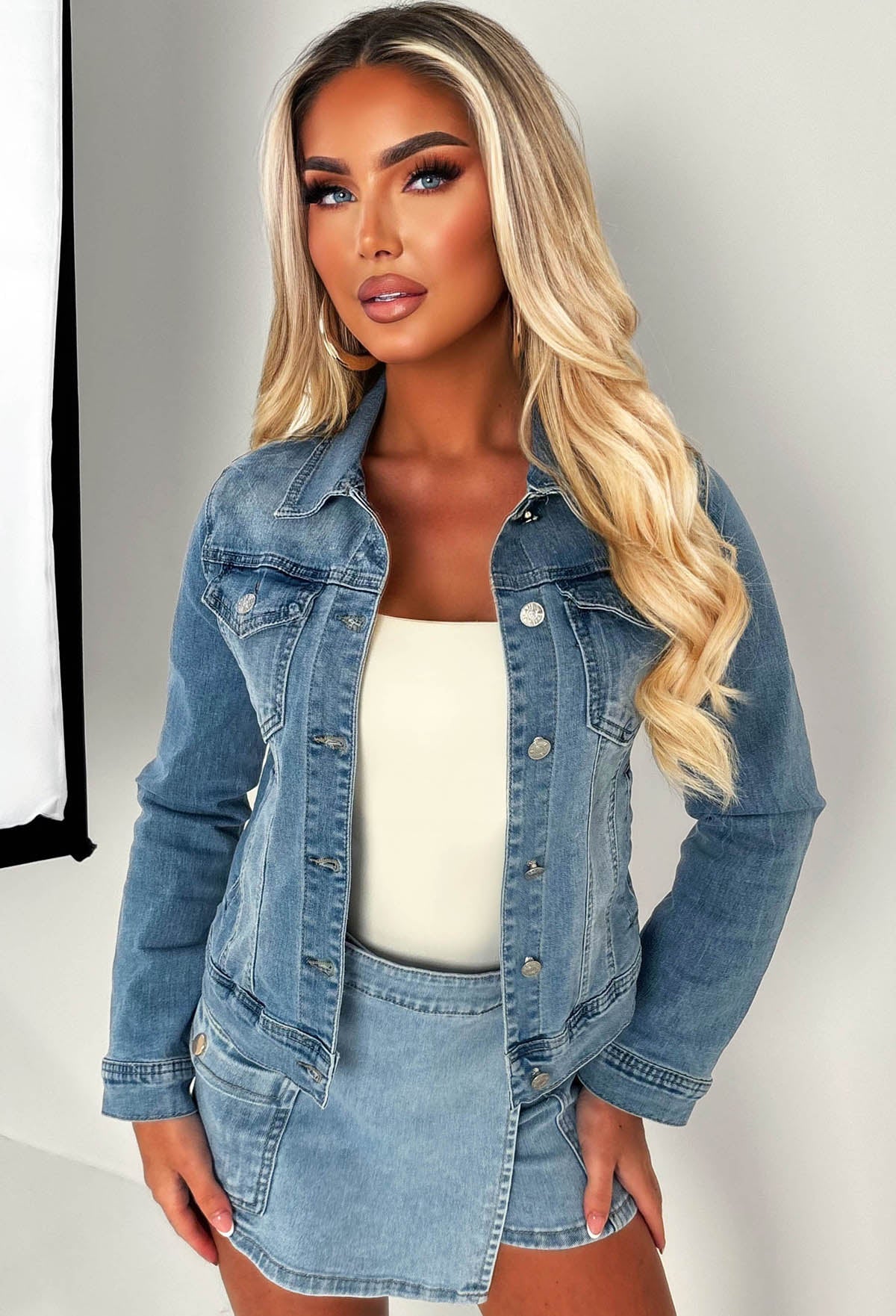 Not My Problem Light Blue Stretch Fitted Denim Jacket