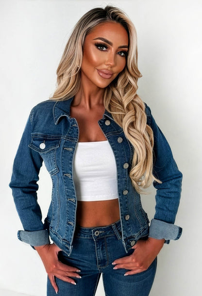 Not My Problem Mid Blue Stretch Fitted Denim Jacket