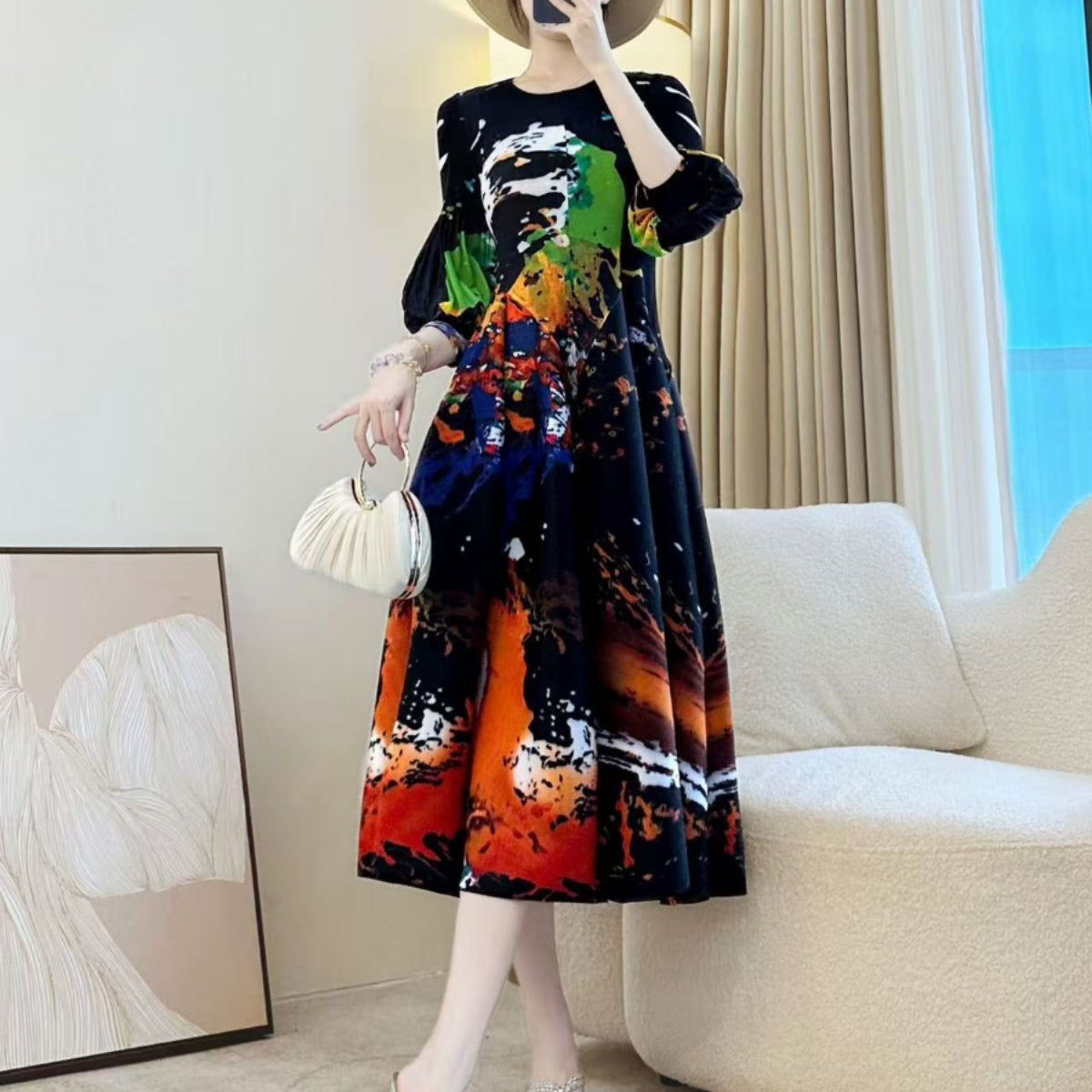Elegant Printed Stretch Pleated Maxi Dress