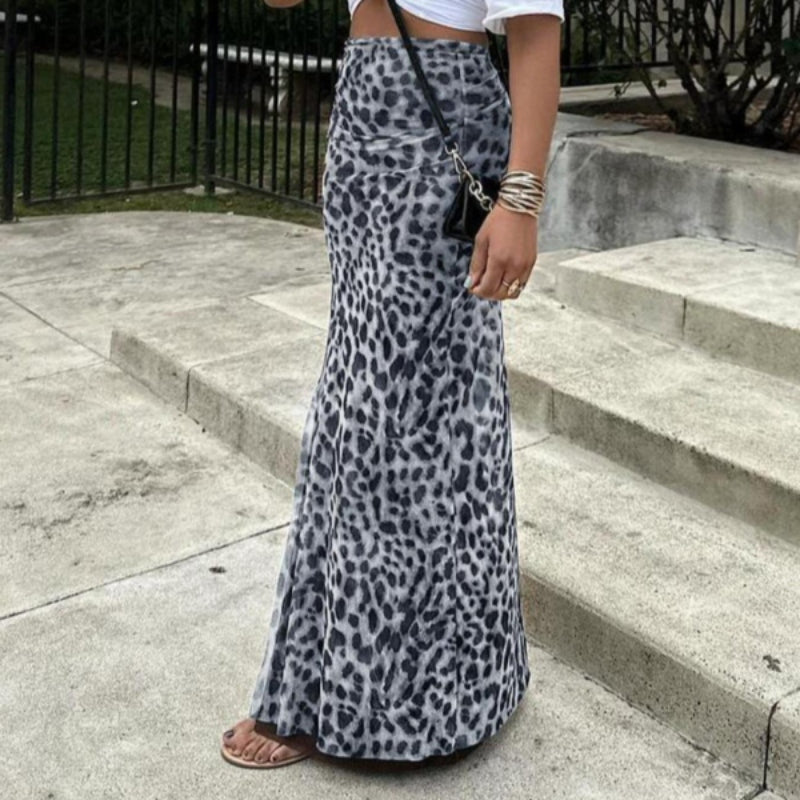 High-waisted leopard print slim-fit fishtail maxi skirt