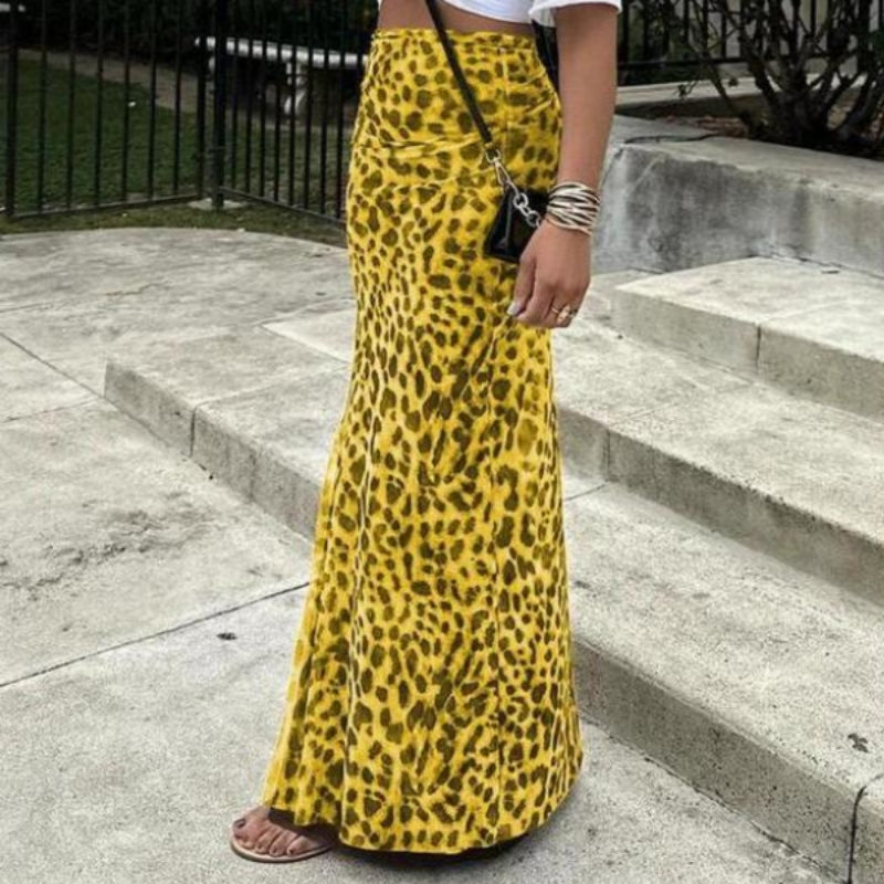 High-waisted leopard print slim-fit fishtail maxi skirt